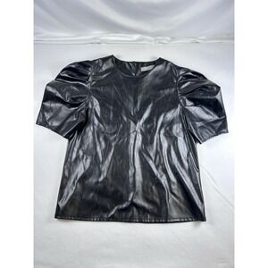 Pixi & Ivy women's L Puff Sleeve Faux‎ Leather Black Round Neck Top Dressy Goth